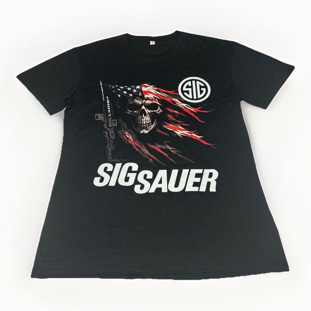 Sig Sauer Mens Graphic T Shirt Black Chicyea Large Skull American Flag Rifle